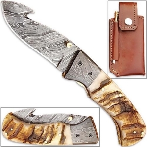 Edgework Fdm-2537 Handmade Folding Guthook Knife, Ram Horn Handle Damascus Bolsteri - All
