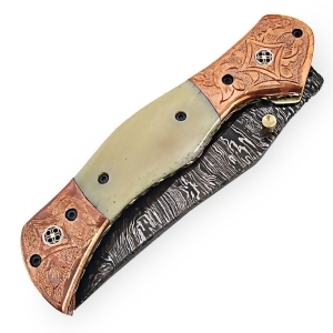 Edgework Fdm-2542 Magnum Rancher Damascus Folding Knife, Engraved Copper Bolster Camel Bone Grip - All