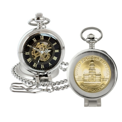 American Coin Treasures 16275 Gold-Layered JFK Bicentennial Half Dollar Coin Pocket Watch with Skeleton Movement, Black Dial with Gold Roman Numerals - Magnifying Glass 