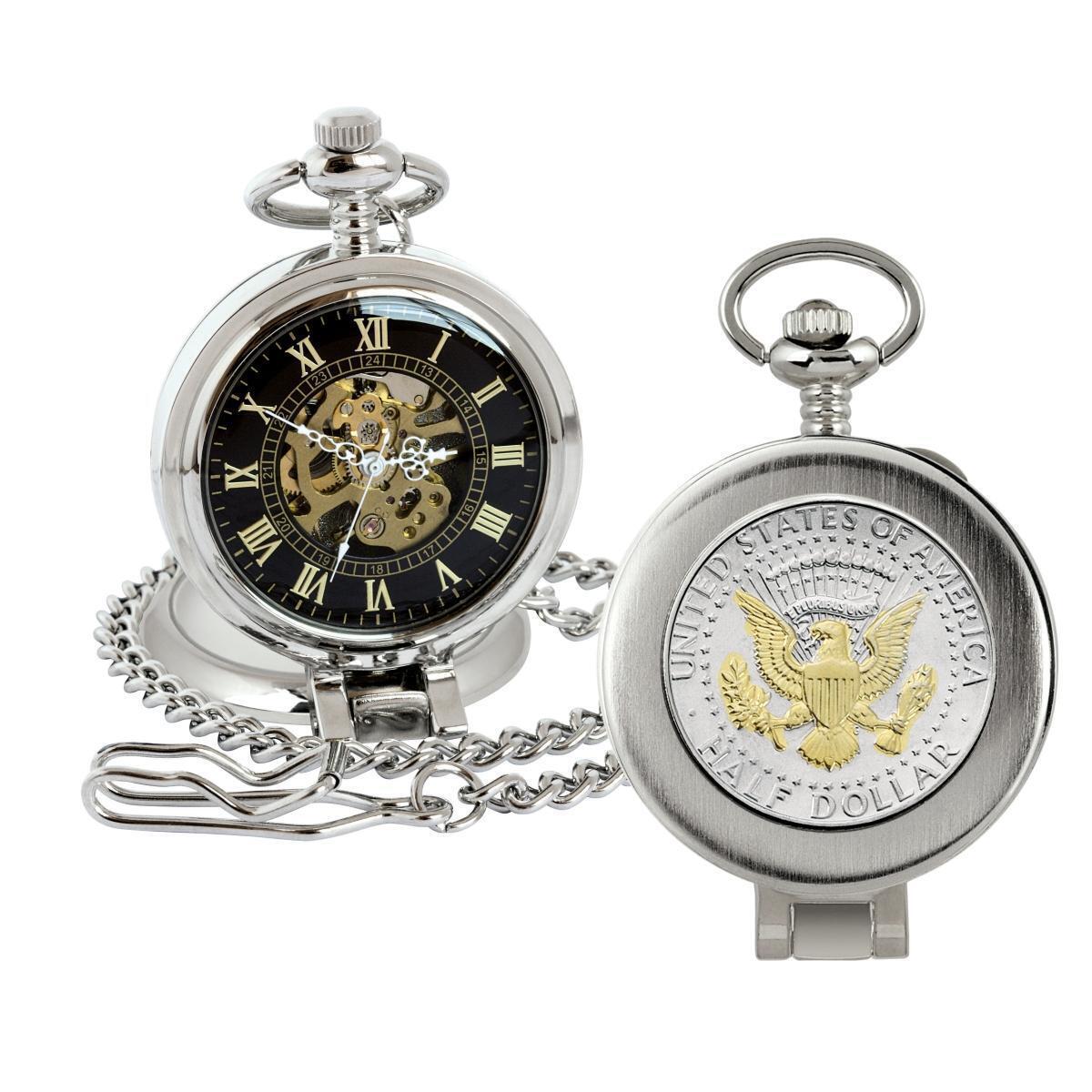 American Coin Treasures 16269 Selectively Gold-Layered Presidential Seal JFK Half Dollar Coin Pocket Watch with Skeleton Movement, Black Dial with Gold Roman Numerals - Magnifying Glass