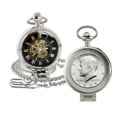 American Coin Treasures 16267 JFK 1964 First Year of Issue Half Dollar Coin Pocket Watch with Skeleton Movement, Black Dial with Gold Roman Numerals - Magnifying Glass 