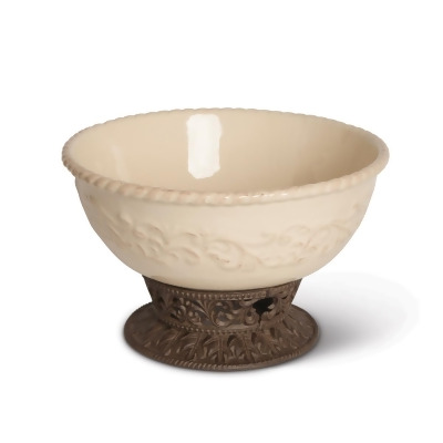 GG Collection 31559 12 in. Dia. Detailed Embossed Ceramic Bowl with Beautiful Acanthus Leaf Scrolled Metal Base, Cream 