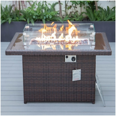 LeisureMod CFW44G-DBR Mace Wicker Patio Modern Propane Fire Pit Table, Dark Brown 