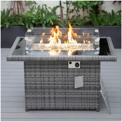 LeisureMod CFW44G-GR Mace Wicker Patio Modern Propane Fire Pit Table, Grey 