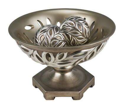 HomeRoots 468319 13 in. Leaf Polyresin Decorative Pedestal Bowl with Orbs, Brushed Silver 