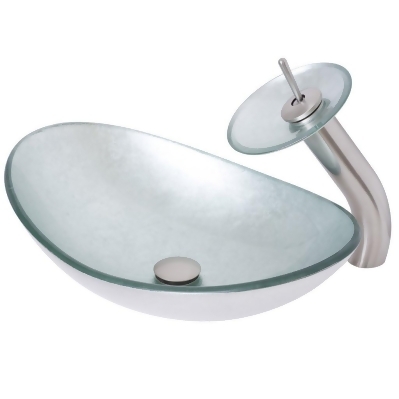 Novatto NSFC-70328031001BN 8.6 x 3.6 in. Argento Oval Glass Vessel Bathroom Sink Set, Brushed Nickel 