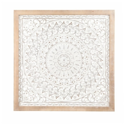 LuxenHome WHA1255 47.3 in. Wood Flower Mandala Natural Wood Square Frame Wall Decor, Distressed White 