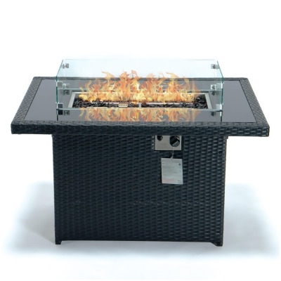 LeisureMod CFW44G-BL 32.3 x 44 x 25.6 in. Mace Wicker Patio Modern Black Propane Fire Pit Table, Black 