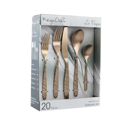 Megachef MCFW-LA VAGUE-MATTEROSEGOLD 20 Piece La Vague Flatware Utensil Set with Stainless Steel Silverware Metal Service, Matte Rose Gold 