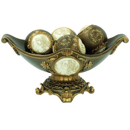 HomeRoots 468311 8 in. Polyresin Classical Greek Decorative Bowl with Orbs, Bronze 