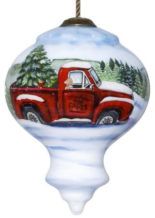 HomeRoots 477529 Farm Truck with Tree Hand Painted Mouth Blown Glass Ornament, Red 