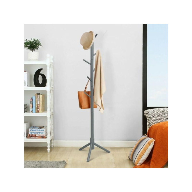 2 Heights Wooden Coat Rack with 8 Hooks-Gray