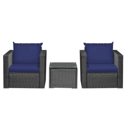 Total Tactic HW66529NYPlus Patio Wicker Furniture Set with Cushion, Navy - 3 Piece 