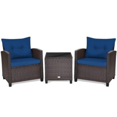 Total Tactic HW68667NY Patio Rattan Furniture Set Cushioned Conversation Set Coffee Table, Navy - 3 Piece 
