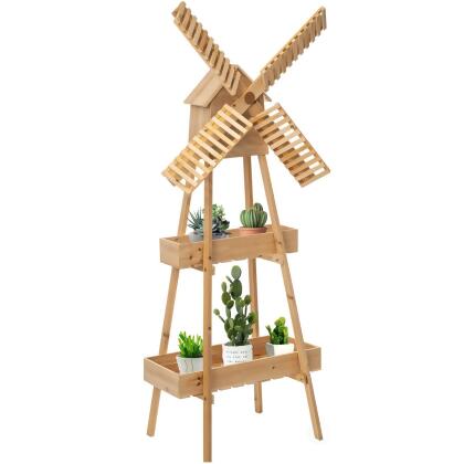 Vintiquewise QI004600 Rustic Wooden Cart with Windmill Accent, Versatile and Decorative Piece for Home or Garden Decor, Perfect for Displaying Plants, Books, and Decorative Items, or as a Unique Storage Solution for Home or Garden Tool 
