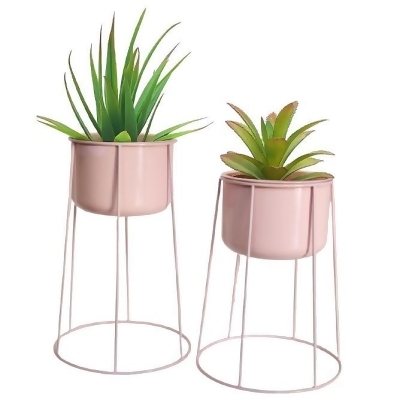 Uniquewise QI004246 Set of 2 Decorative Contemporary Pink Metal Flower Planter Holder with Stand for Entryway, Living Room or Dining Room 