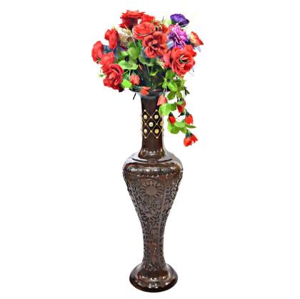 Uniquewise QI004011 9 x 30 in. Round Antique Decorative Mango Wood Floor Flower Vase with Unique Textured Pattern, Brown 