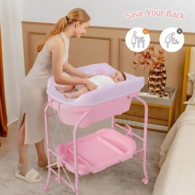 Costway AC10011US-PI Folding Baby Changing Table with Bathtub & 4-Universal Wheels, Pink 