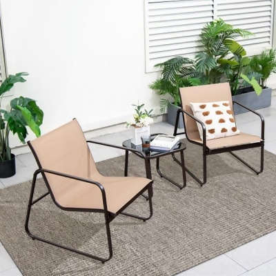 Costway NP11049CF Patio Conversation Set with Breathable Fabric & Tabletop, Brown - 3 Piece 