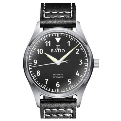 Ratio RTS303 Skysurfer Pilot Black Textured Dial Leather Automatic 200M Mens Watch, White 