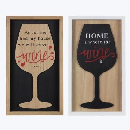 Youngs 11277 13.75 in. Wood Framed Wall Sign with Wine Glass 3D Lift, Assorted Style - Set of 2 