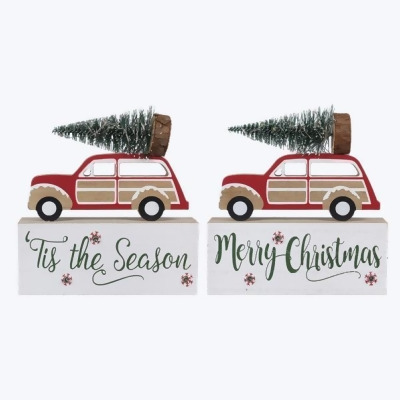 Youngs 92661 Wood Christmas Truck with Artificial Tree on Block Sign with Led, Assorted Color - 2 Piece 