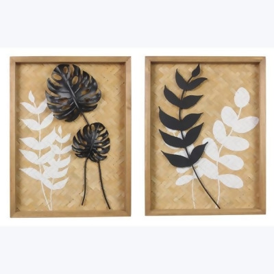 Youngs 12212 16 in. Wood Natural Home Wall Art with Metal Leaves, Assorted Style - Set of 2 