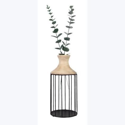 Youngs 12384 Metal Vase with Wood Top Artificial Vase, Greenery 