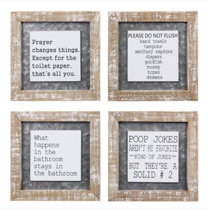 Youngs 12371 8 in. Wood Framed Tin Backed Lift Wood Wall Sign, Assorted Style - Set of 4 