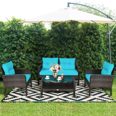 Costway HW68637ATU- Outdoor Rattan Wicker Loveseat Furniture Set with Cushions, Turquoise - 4 Piece 
