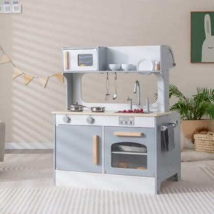 Costway TP10050GR Double Sided Kids Pretend Kitchen Playset with 2-Seat Cafe, Gray 