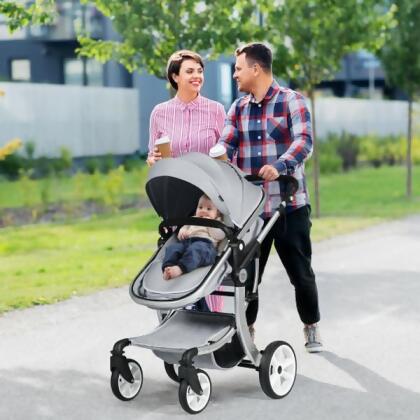 Costway BC10054GR Folding Aluminum Infant Reversible Stroller with Diaper Bag, Gray