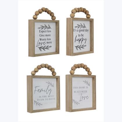 Youngs 21502 Wood Framed Wall Sign with Blessing Bead Handle, Assorted Color - 4 Piece 