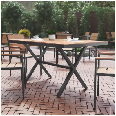 Flash Furniture SB-TB288-NAT-GG 59 x 35.5 in. Finch Commercial Grade X-Frame Outdoor Dining Table with Faux Teak Poly Slats & Metal Frame, Natural & Gray 
