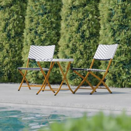 Flash Furniture FV-FWA085-NVY-WHT-GG Rouen Commercial Grade Foldable French Bistro Set, Indoor & Outdoor PE Rattan Back, Seat & Table Top, Navy & White with Natural Steel Frames - 3 Piece 