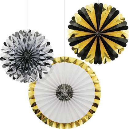 Creative Converting 360485 16 in. 12 in. 10 in. Foil Paper Fans Black Gold & Silver