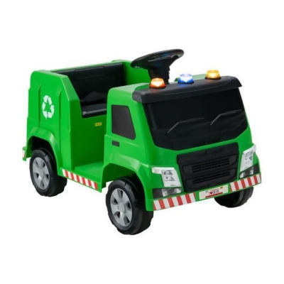 Costway TQ10129US-GN 12V Kids Ride-on Garbage Truck Toy with Warning Lights & 6 Recycling Accessories, Green 