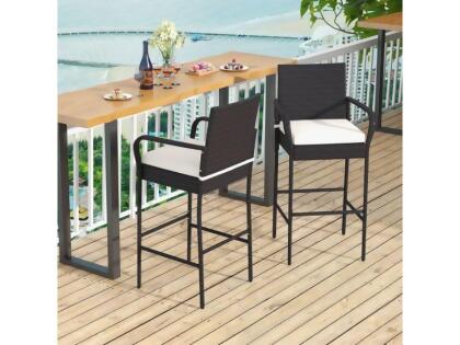 Costway HW70947-2 Outdoor PE Rattan Cushioned Barstool Set with Armrests - Set of 2 