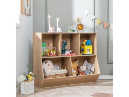 Costway JZ10144NA 5-Cube Wooden Kids Toys Storage Organizer with Anti-Tipping Kits, Natural 