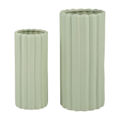 Sagebrook Home 17952-01 10 & 13 in. Ceramic Ribbed Vases, Green - Set of 2 