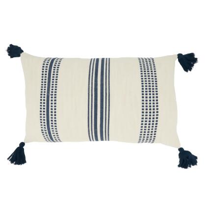 Saro Lifestyle 5120.NB1220BP 12 x 20 in. Playful Pattern Stripe Oblong Poly Filled Throw Pillow with Tassels, Navy Blue 
