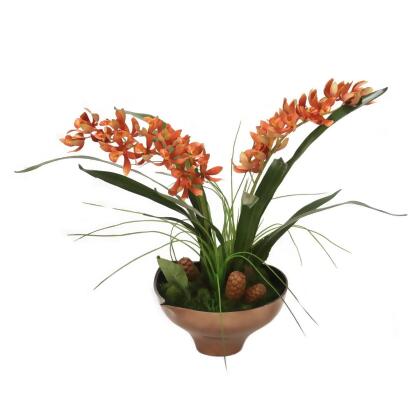 Disttive Designs 30013 Unisex Rust Cymbidium Orchid in Gold & Black Bowl - Red 
