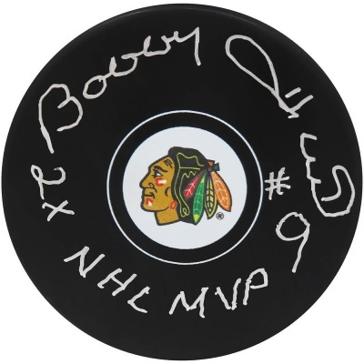 Schwartz Sports Memorabilia HULPUC443 Bobby Hull Signed Chicago Blackhawks Team Logo Hockey Puck with 2x NHL MVP Inscription 