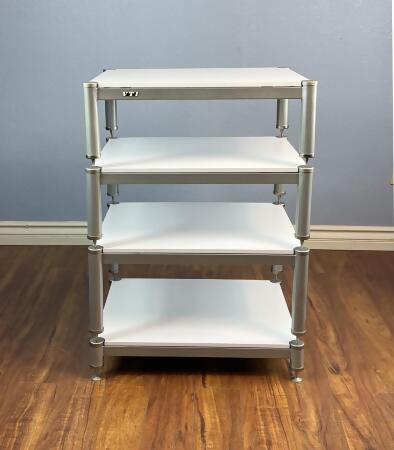 VTI BL404SSW 4 Silver Cap & Spike, Silver Poles & 4 White Shelves AV Stand 