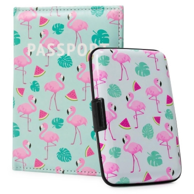 Miami CarryOn RFIDWSWMLFL RFID Protected Wallet and Passport Cover Set (Flamingos & Watermelons) 