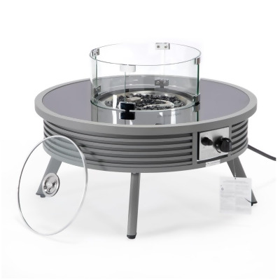 LeisureMod WGRS-29-GL 20 x 29 x 29 in. Walbrooke Outdoor Patio Aluminum Round Slats Design Fire Pit Side Table with Lid & Fire Glass, Grey 