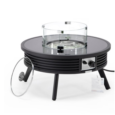 LeisureMod WBLS-29-GL 20 x 29 x 29 in. Walbrooke Outdoor Patio Aluminum Round Slats Design Fire Pit Side Table with Lid & Fire Glass, Black 