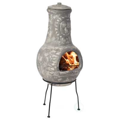 Vintiquewise QI004631.G Outdoor Clay Chiminea Fireplace Sun Design Wood Burning Fire Pit with Sturdy Metal Stand, Barbecue, Cocktail Party, Cozy Nights Fire Pit, Stone Gray 