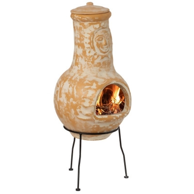 Vintiquewise QI004631.TC Outdoor Clay Chiminea Fireplace Sun Design Wood Burning Fire Pit with Sturdy Metal Stand, Barbecue, Cocktail Party, Cozy Nights Fire Pit, Terra Cotta 