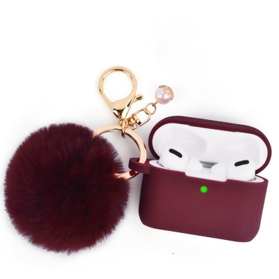 Dream Wireless CAAPR2-FURB-BU Furbulous Collection 3-in-1 Thick Silicone TPU Case with Fur Ball Ornament Key Chain & Strap for Airpods Pro 2 2022 - Burgundy 